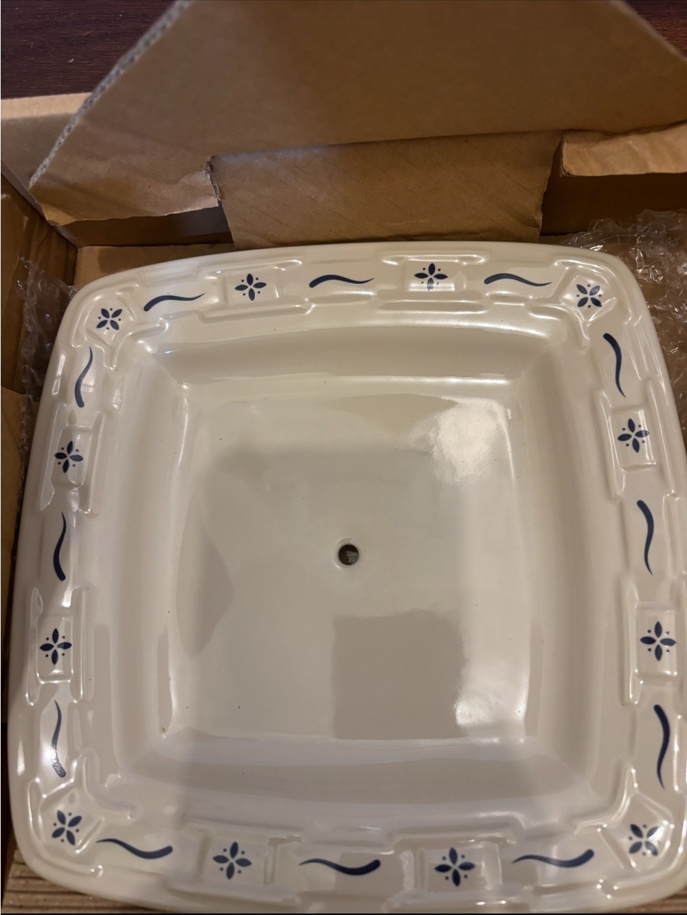 Longaberger Cream With Blue Border Two-Tier Ceramic Stand - Picture 3 of 6